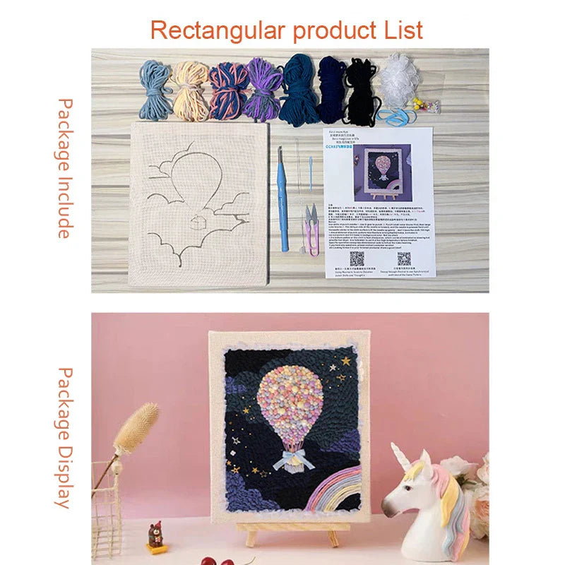 Hot Air Balloon & Rainbow | 25x30cm | DIY Punch Needle Craft Kit  | 25x30cm