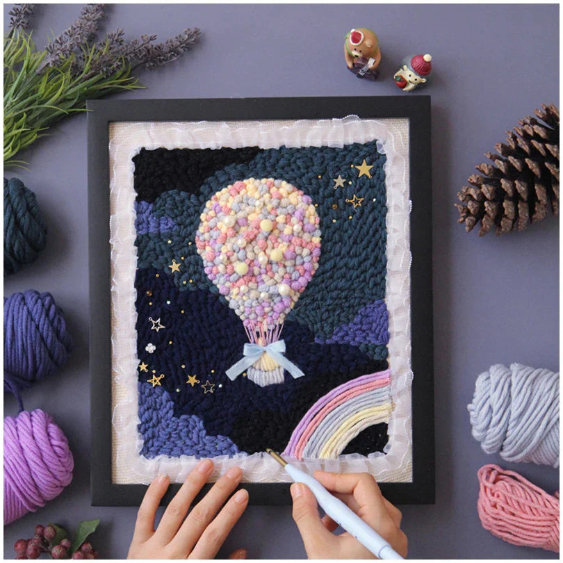 Hot Air Balloon & Rainbow | 25x30cm | DIY Punch Needle Craft Kit  | 25x30cm